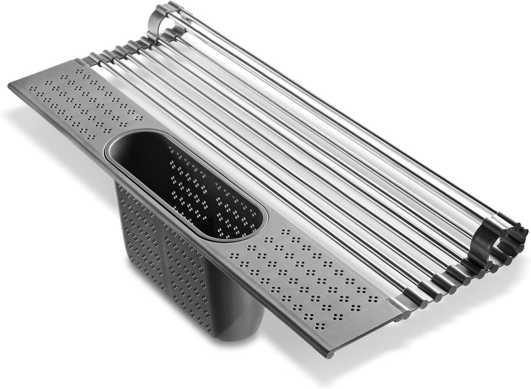 edge Roll Up Dish Drainer, Over The Sink Multi-Purpose Foldable Drying Rack with Caddy, Gray, Medium- 17.3"x11" (Charcoal)