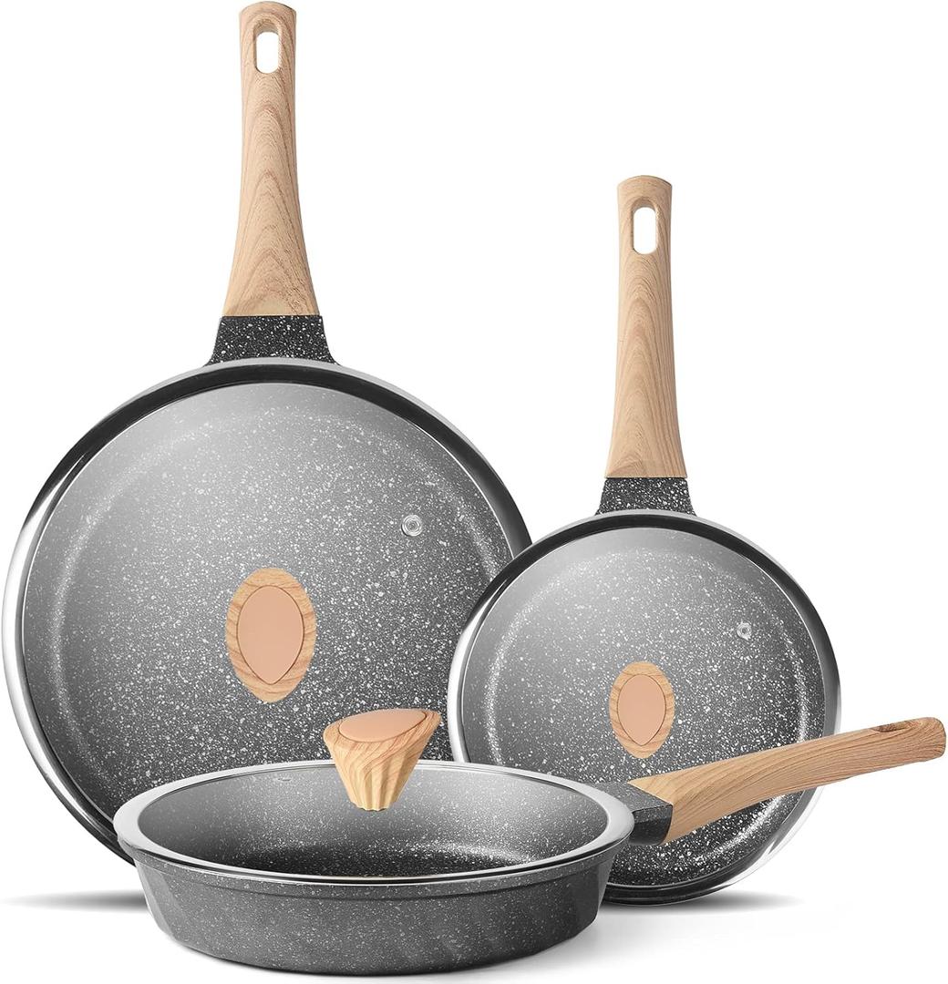 YIIFEEO Non Stick Frying Pan Set - Stone Skillet Set, Kitchen Omelette Pans, Induction Chef' Pan Grainte Cookware Set, Nonstick Frying Pans with Lid(8inch&9.5inch&11inch)