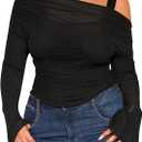 WDIRARA Women's Plus Size 2 in 1 Off Shoulder T Shirt Ruched Sheer Bell Long Sleeve Tee (XX-Large Plus, Black)