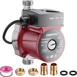 ZeroPone Hot Water Recirculating Pump, Water Circulator Pump, 120W 110V Automatic Circulating Pump Stainless Steel Head NPT 3/4" w/NPT 1/2" Adapter,15-9S Dual Control for Electric Water Heater System,  Red-15-9s
