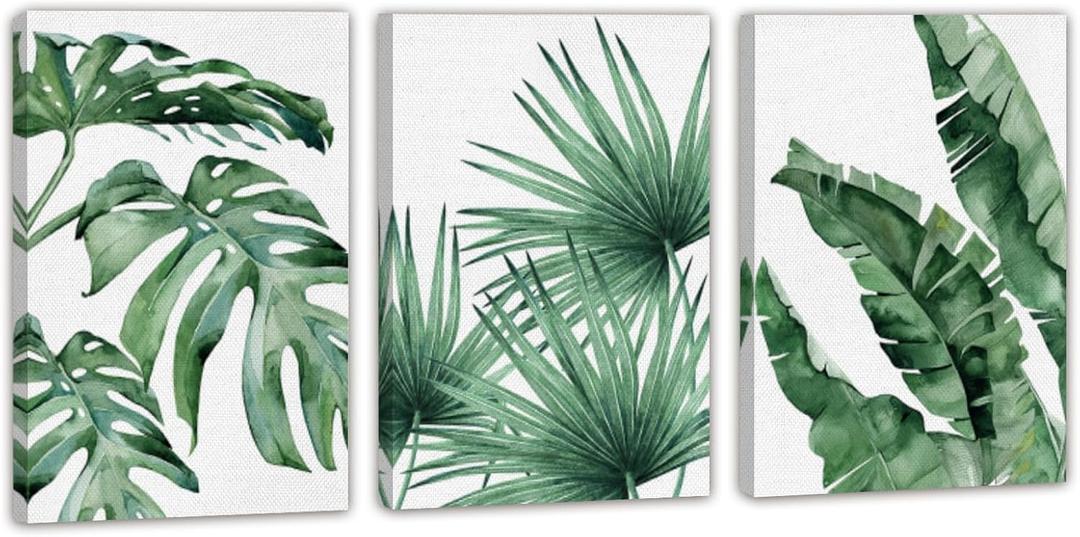 EAHunt Tropical Leaf Canvas Wall Art, Green Palm and Monstera Prints, Modern Botanical Wall Picture Minimalist Art Home Decor for Livingroom Bedroom Office 12"16"3-Piece Set