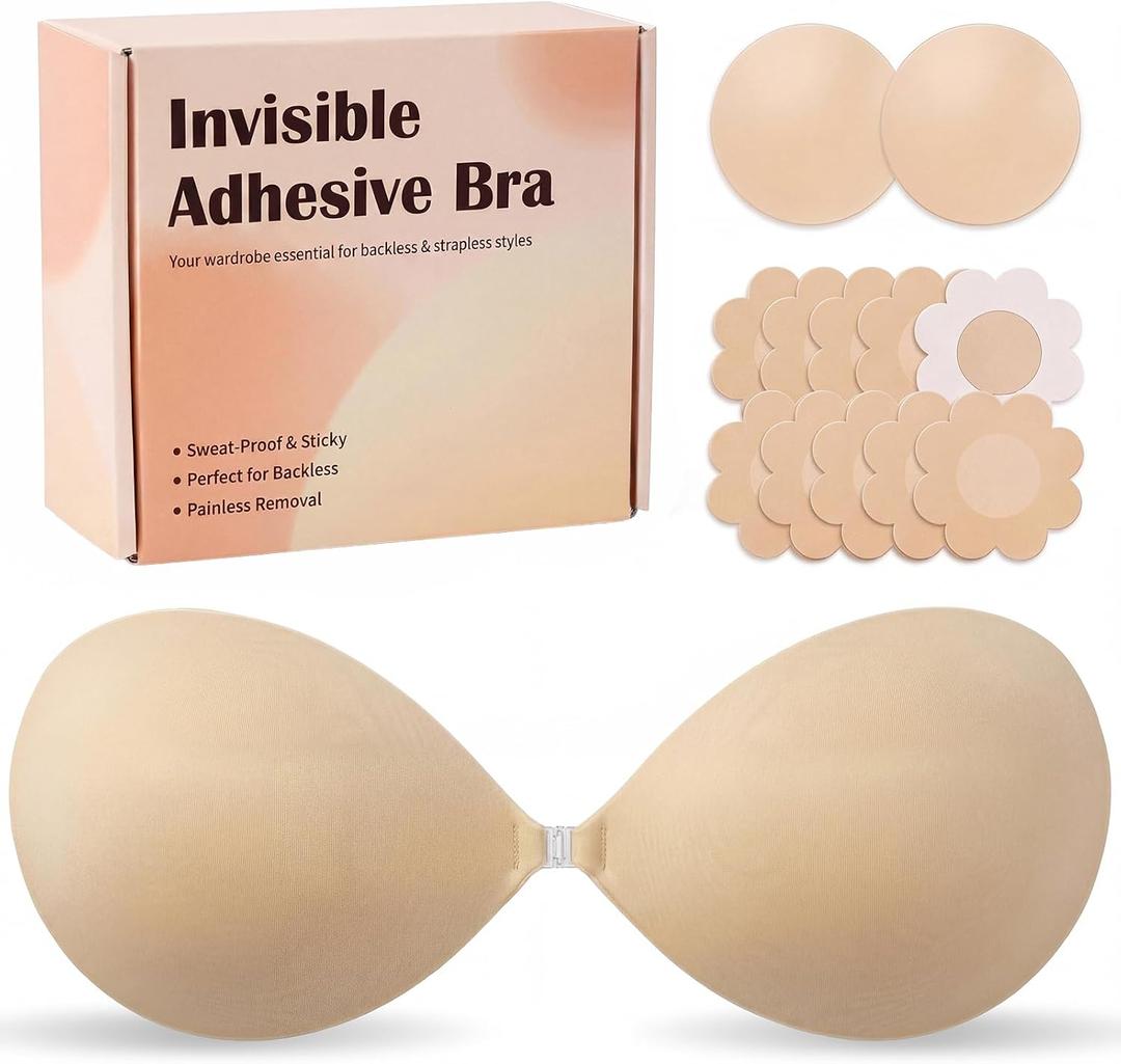 Ultra Push Up Sticky Bra Strapless Seamless Adhesive Bra for Backless Dress (White)