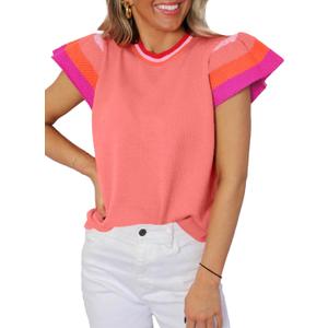SHEWIN Womens Summer Cap Sleeve Tops Casual Crewneck Loose Fit Knit Lightweight Sweater Pullover Top (XX-Large, Pink)