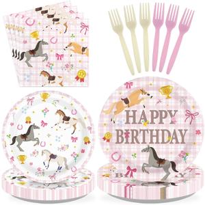 96 Pcs Horse Birthday Party Decoration Pink Checkered Pony Floral Plates and Napkins Western Cowgirl Tableware Set for Kids Racing Horse Birthday Baby Shower Party Supplies, Serves 24