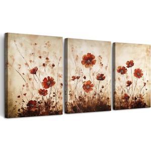 TTHYUEWS Boho Wall Decor for Bedroom Canvas Wall Art for Living Room Office Decorations Flowers Wall Pictures Watercolour Paintings Artwork Modern Aesthetic Bathroom Home Decor 3 Piece Ready To Hang, 12x16inches*3pcs