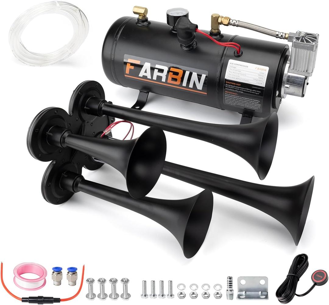 FARBIN 178DB 4 Trumpet Horns Train Horn Kit for Truck Super Loud Air horns with 150 PSI 12V Air Compressor Air Tank Can for Jeep SUV Train Metal Black(0.8 gal 12v black air horn kit)