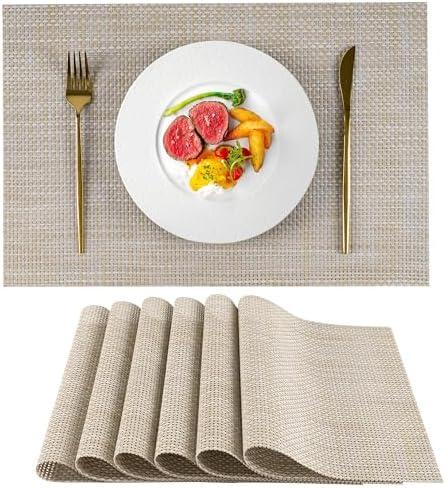 VCVCOO Placemats Set of 6 - Durable Beige & Yellow Woven Plastic Vinyl Place Mats for Dining Table Deco, Heat Resistant Anti-Slip Table Mats Wipeable Easy to Clean (17.7 x 11.8 inch)
