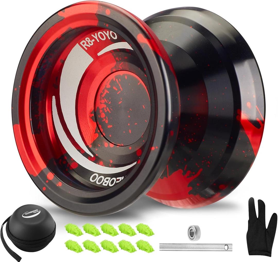 WATIEOBOO yoyo R8 Responsive Yoyo for Kids 8-12, Professional Unresponsive Yo yo for Adults Pro Metal Trick Yoyo with Yo Yo Bearing Kit 10 Strings, Case & Gloves (Black Red)
