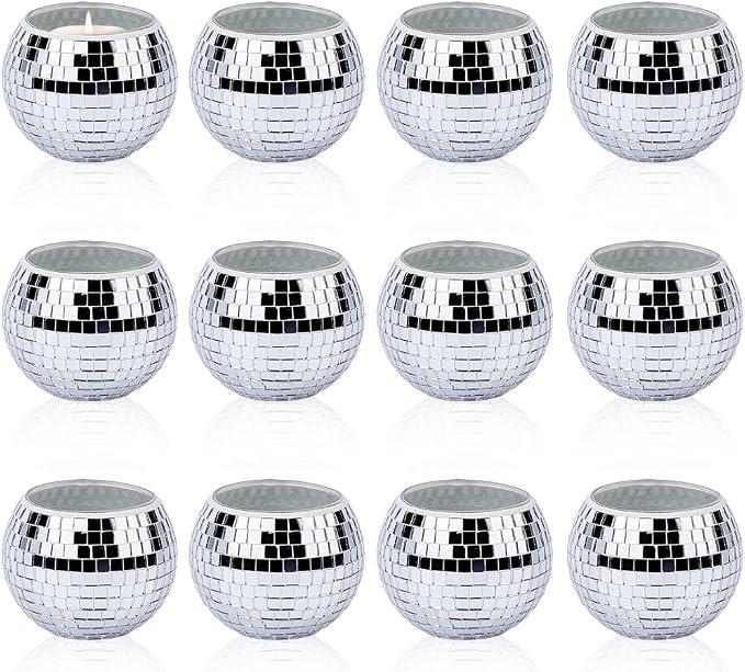 DICOSMETIC Pack of 12 Disco Ball Candle Holders Silver Glass Mirror Tea Light Table Decoration 2.7 x 2.2 Inches / 6.85 x 5.5 cm Round Votive Set for Party Table Decoration Silver