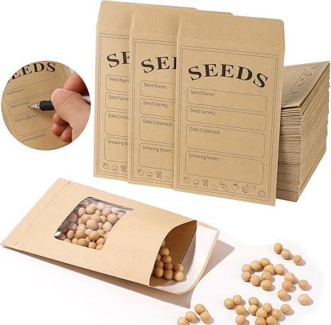100 Pcs Seed Envelopes Resealable Self Adhesive Seed Packets 3.15 x 4.72 Inch Saving Envelopes with Preprinted Collecting Template