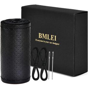 BMLEI Top Genuine Leather Steering Wheel Cover with Anti-Slip Design, Soft Padding, Universal 15 Inch Auto Car Steering Wheel Stitch on Wrap (black thread)