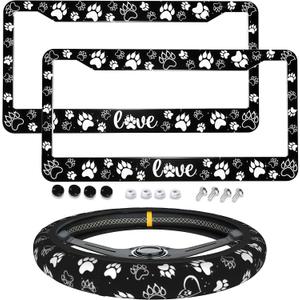 Paw Print License Plate Frame - Dog Paw Print Steering Wheel Cover Funny Cars Decor Aluminum Black and White Love Paws License Plate Frames Fits Us Ca Car Vehicles Steering Wheel Cover (One Size)