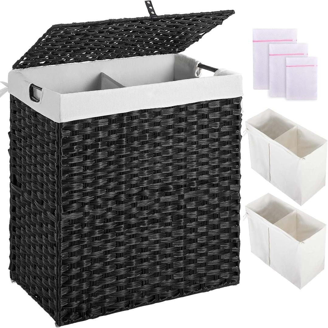 Greenstell Laundry Hamper with lid, No Install Needed, 110L Wicker Laundry Baskets Foldable 2 Removable Liner Bags, 2 Section Clothes Hamper Handwoven Rattan Laundry Basket with Handle, Black (110L (22.2x13.3x24.0 Inches))