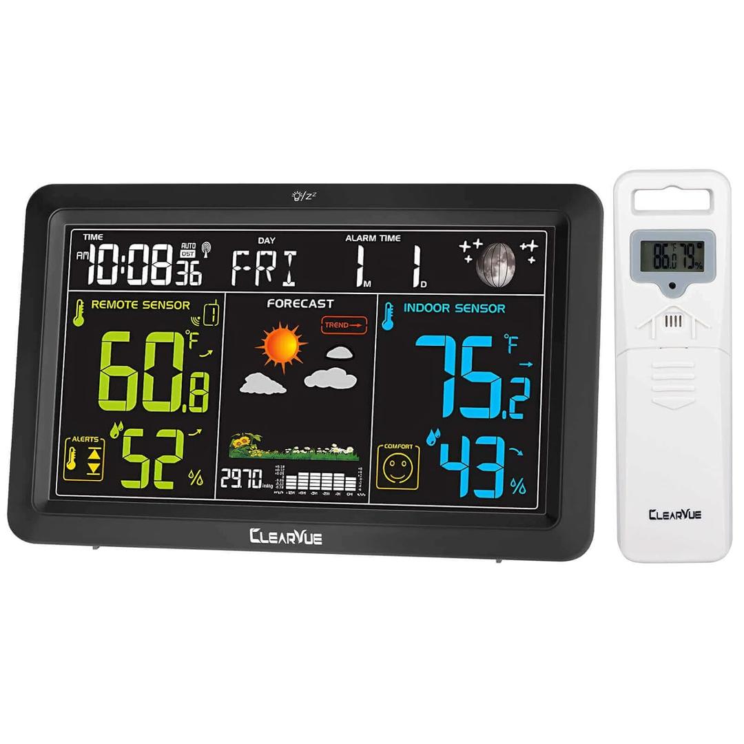 Weather Stations Wireless Indoor Outdoor Thermometer, Color Display Digital Calendar Atomic Clock, Temperature and Humidity Monitor with Adjustable Backlight (Black)