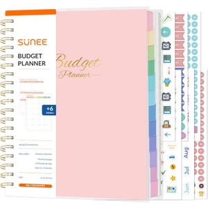 SUNEE Budget Planner - Deluxe Monthly Budget Book with 12-Pockets for Bill Organizer, Undated 12 Month Expense Tracker Notebook & Account Book B5 Size (8" x 10") to Manage Your Finance Planner, Pink