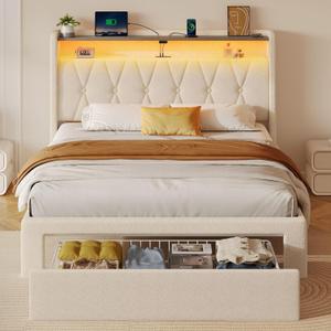 Rolanstar Twin Bed Frame with Drawer, Storage Headboard with Charging Station and LED Lights, Upholstered Bed with Heavy Duty Wood Slats, No Box Spring Needed, Noise Free, Easy Assembly, Beige