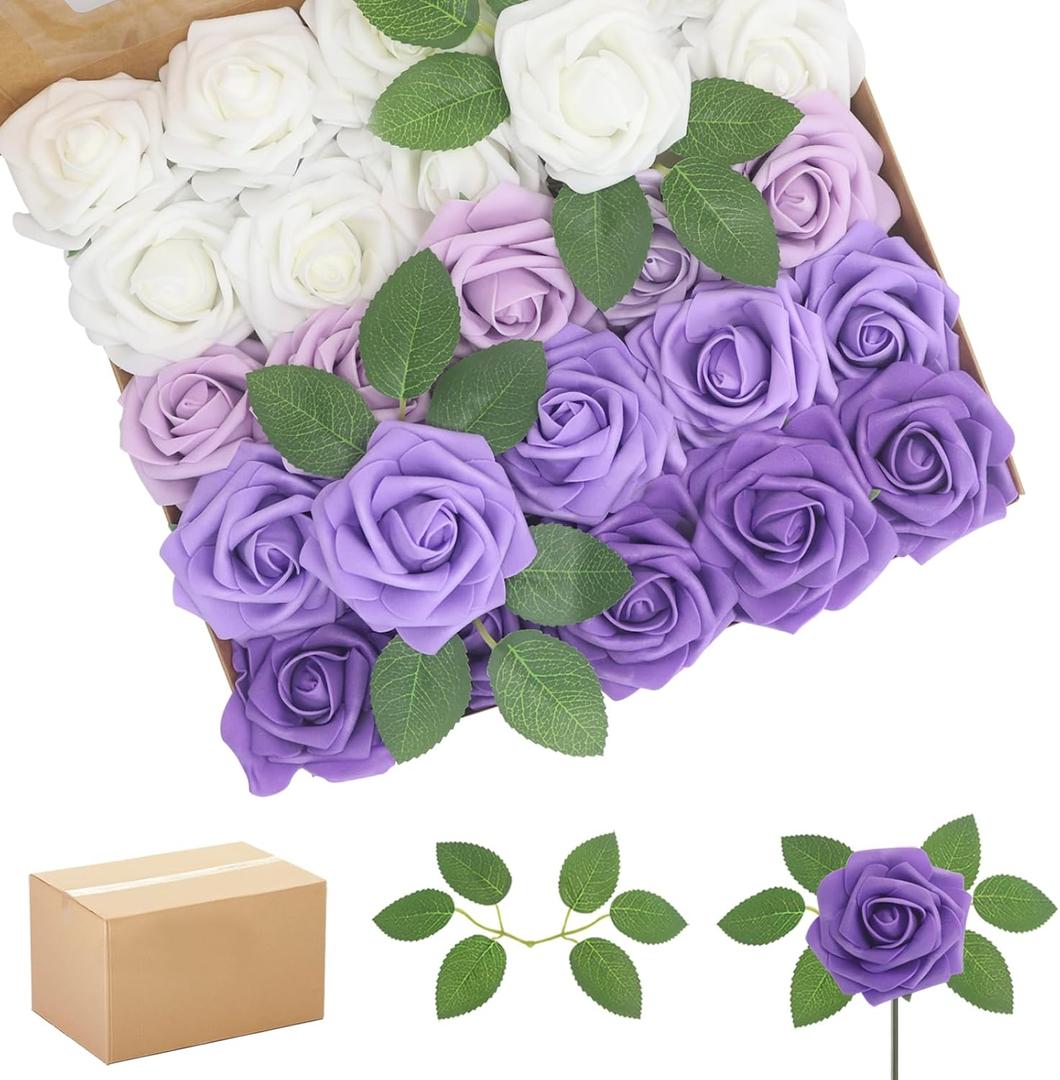 200PCS Artificial Flowers Purple Mixed Series Roses Real Looking Foam Fake Roses with Leaves and for DIY Wedding Bouquets Bridal Shower Centerpieces Party Decorations (Purple Series, 200)