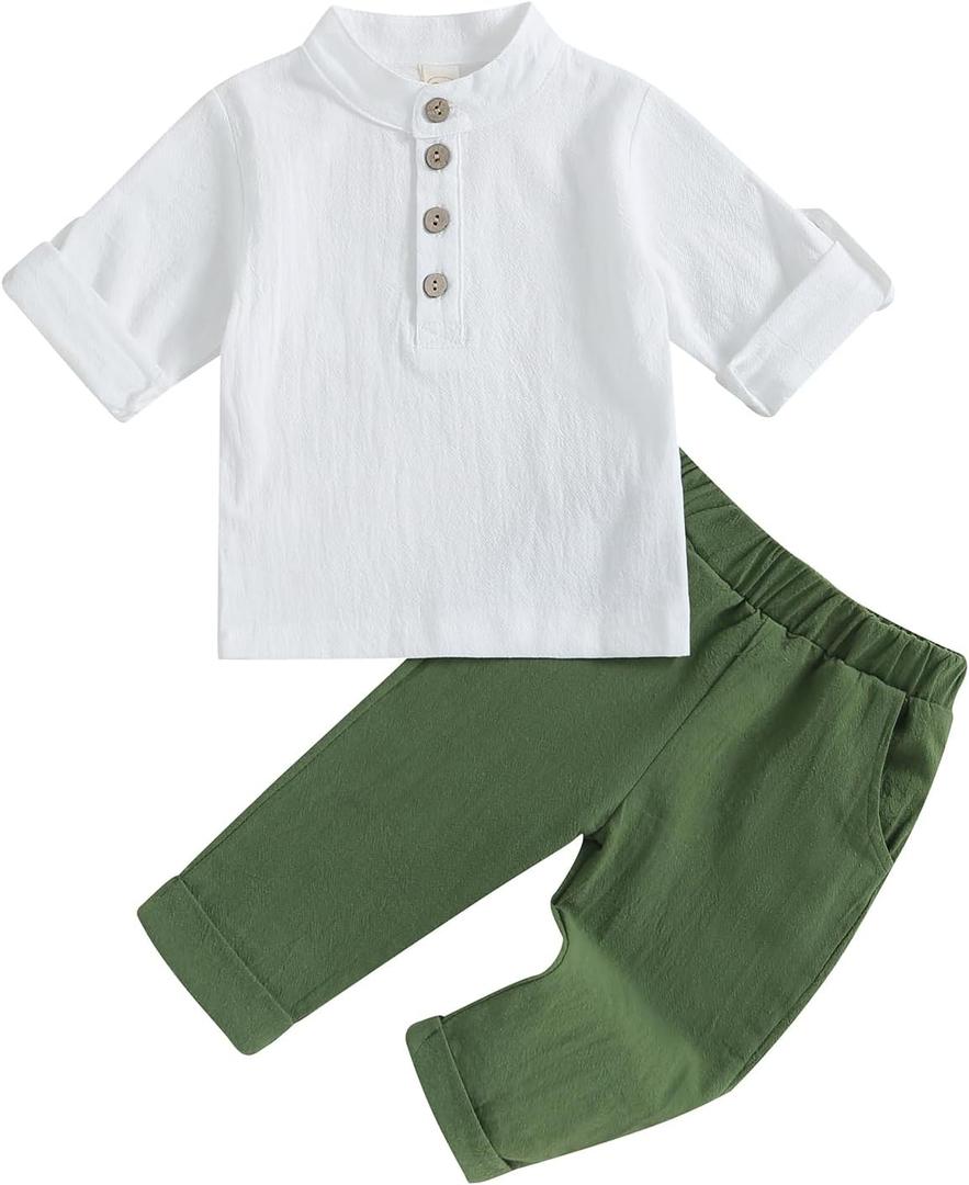 Karuedoo Toddler Baby Boy Clothes Cotton Linen Henley Shirts Button Down Long Sleeve Shirts Casual Pants Set (White)