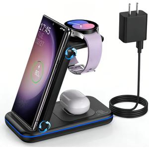 Wireless Charging Station for Samsung/Android, Fast Wireless Watch Charger Station Compatible for Samsung Galaxy S25 Ultra/S24/S23+/Z Flip 7/6 Fold 7/6, Watch8/7/Pro/Active 2 Galaxy Buds3/2 Pro(Black)