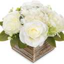 Flower Arrangement with Wooden Vase 8" Artificial Flowers in Pot - Fake Flowers Roses Peonies Hydrangeas in Wooden Vase Potted Artificial Flower Centerpieces for Table Decor Living Room - White