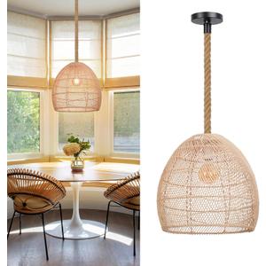 Arturesthome Natural Rattan Pendant Light for Kitchen Island, Woven Lamp Shade Chandelier, Hanging Ceiling Light, Handmade Lampshade Rope Lamp D15.7in*13.7in, 15.7"W - Beige Iron Frame