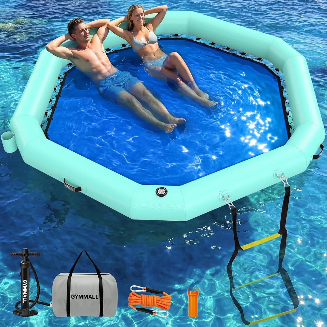 8FT Hexagon Inflatable Water Hammock wit Mesh Center, Floating Dock Heavy Duty PVC Lake Floats Platform with Cup Holders, Portable Floating Island with Carry Bag for Pool, River & Ocean
