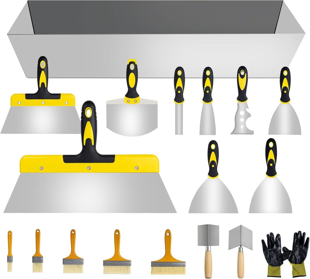 18 pcs Putty Knife Set,Drywall Knife, Espatulas Drywall Kit With Mud Pan,1 2 3 4 5 6 Spackle Knife,7 10 14 Taping Knives, External Corner Trowel & Internal Corner Trowel,5 Brushes And Gloves