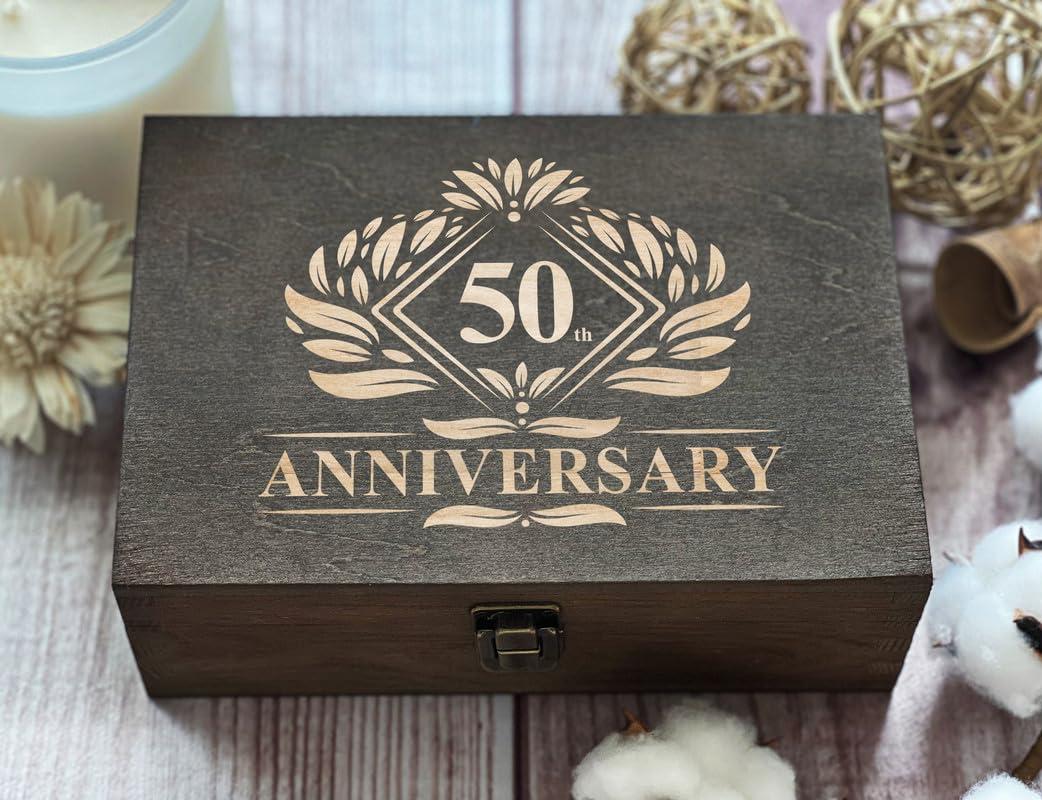 Golden 50th Anniversary - Engraved Wooden Box, Celebrate Half a Century Together (8.5 x 6 x 3 in)