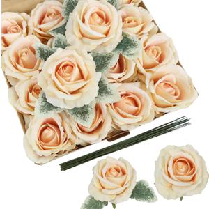 IPOPU 16pcs Champagne Velvet Rose Artificial Flowers 3.93" Large Fake Rose Bulk Real Touch Silk Flowers for DIY Wedding Bouquet Floral Arrangement Home Party Garden Decorations (Champagne)