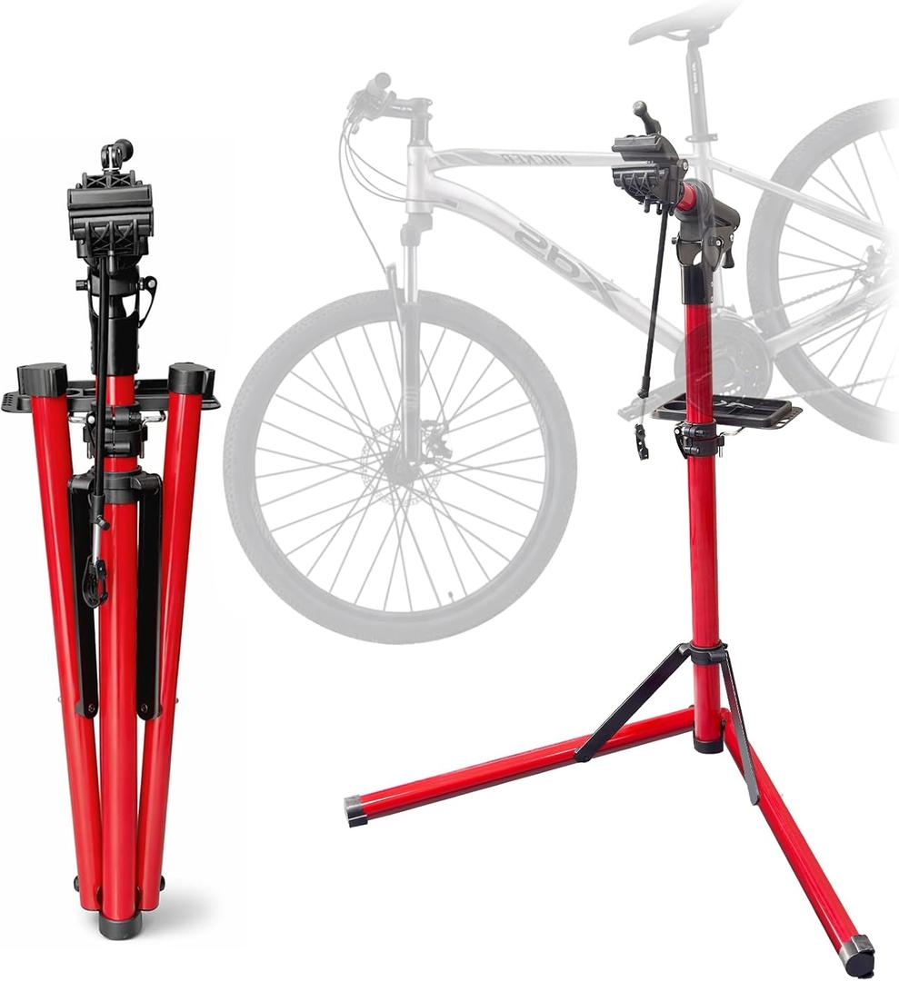 Bike Repair Stand Max 110 lbs, Portable Aluminum Bicycle Workstand for Electric, Heavy Duty Mechanic Maintenance Workstand with Tool Tray, Mountain and Road Bike (Red)