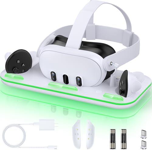 Charging Dock for Meta Quest 3/ 3S, Magnetic Charging Dock, for Quest 3 VR Headset & Controllers, Three Charging Indicators, Charging Stand, with 2 Rechargeable Batteries