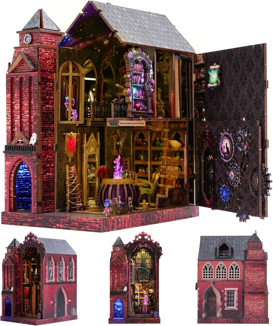 Book Nook Kit, DIY Miniature House Dollhouse Crafts Kit for Adults and Teens, Magic Castle 3D Wooden Puzzle Booknook Build Bookshelf Decor, Gifts for Family and FriendsArcane Sprire