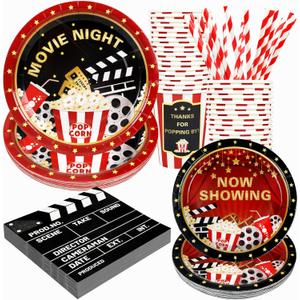 Recheel Movie Night Party Supplies Decorations, Movie Theme Birthday Paper Plates and Napkins Set with Cups and Straws for 24 Guests, 120 Pcs Disposable Party Snack Dinnerwares