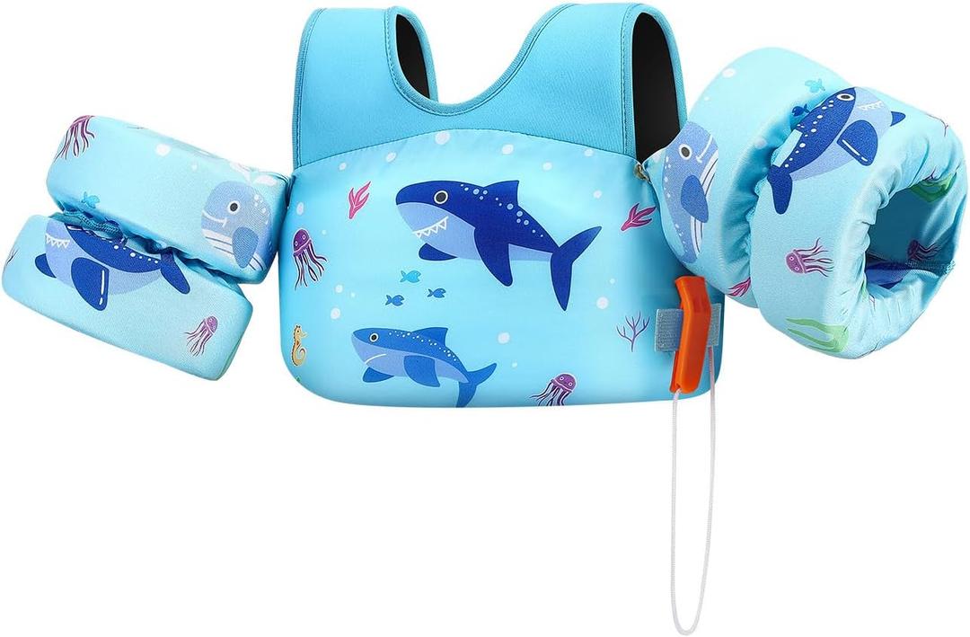 HeySplash Swim Vest for Kids, Puddle Float Jumper with Safety Buckle | Fit 33-40-50-60-66 Lbs, Children Puddle Swimming Jumper Jacket, Water Wing Arm Pool Float for Swim Trainer Boy Girl 3-5-6, A Blue Shark, for kids 33-66 lbs
