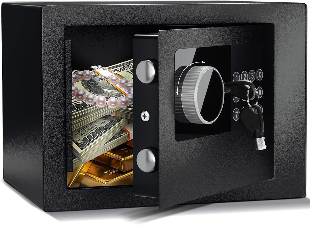 Digital Electronic Money Safe, Steel Security Lock Box with Keypad, Office Hotel Business Jewelry Gun Cash Safe, 0.23 Cubic Feet, 9.06" W x 6.69" D x 6.69" Hblack