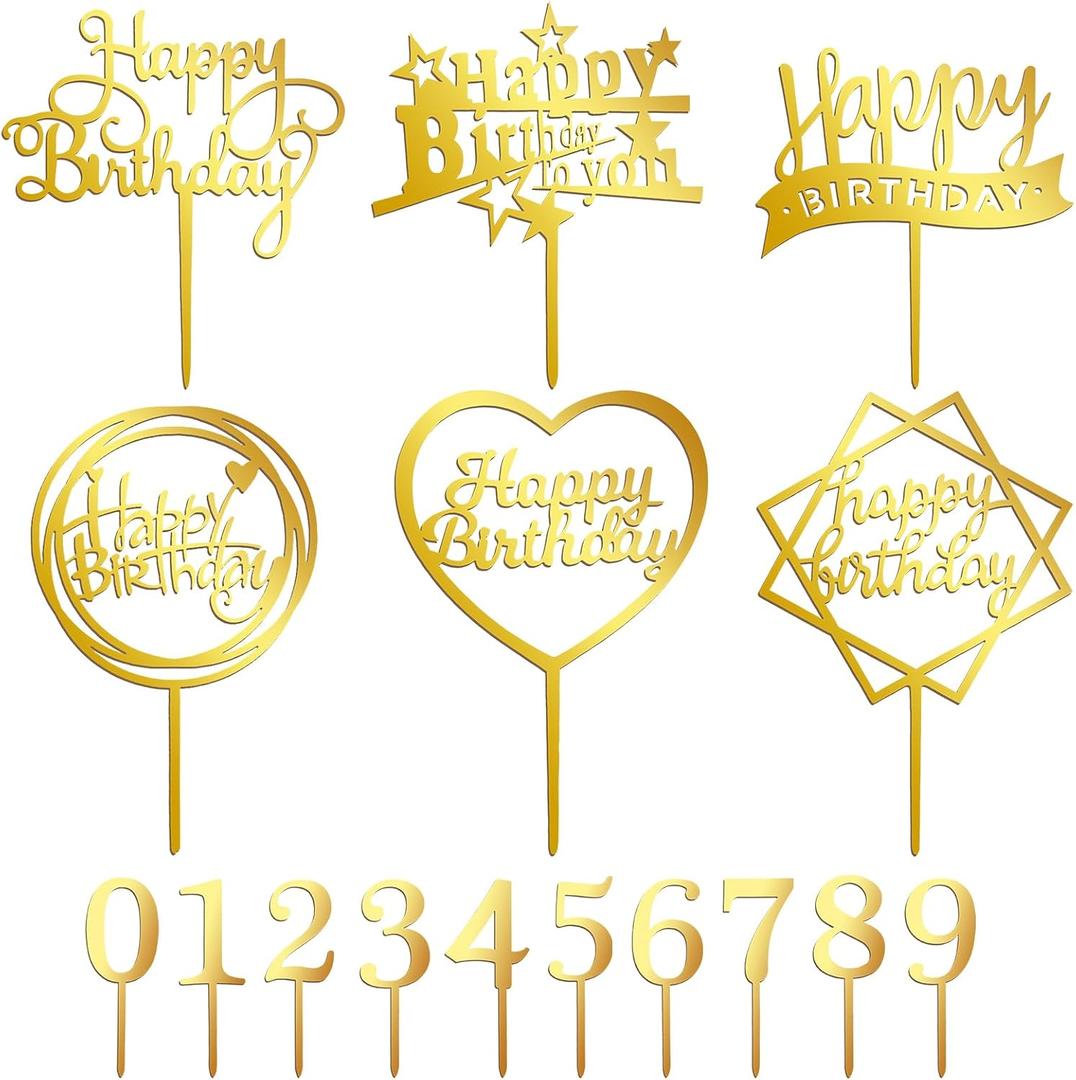 16 PCS Happy Birthday Cake Topper Set, Gold Cake Decoration, Acrylic Reusable Numbers Cake Cupcake Desserts Topper Double-Sided Glitter Birthday Cake Topper for Kids Adults