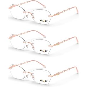 LUFF Rimless Reading Glasses for Women | Blue Light Computer Readers | Lightweight 16g Metal Frame | Eye Strain Relief (3pc-pink)