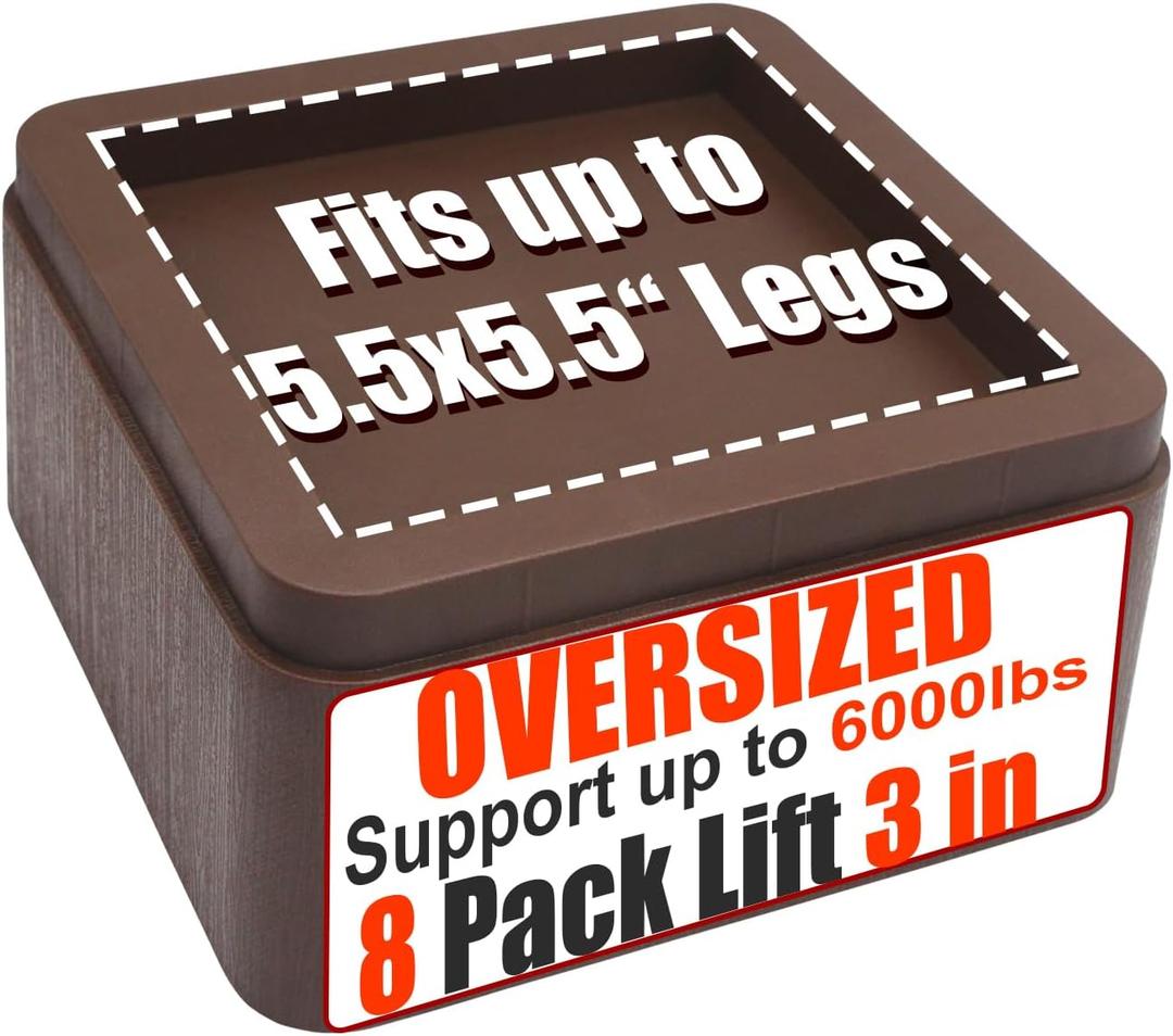 MYMULIKE Bed Risers, Elevation up 3 inch, Heavy Duty Couch Risers 6000lbs, Stackable 3/6 / 9 inch Bed Furniture Risers Fits 5.5X5.5 inch Legs for College, Dorm, Couches, Tables, Desks, Set of 8