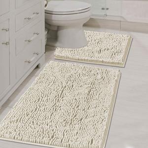 H.VERSAILTEX Bathroom Rugs Luxury Chenille Mat Set, Soft Plush Shower Rug + Toilet Mat, Microfiber Shaggy Carpet, Super Absorbent Mats, Machine Washable Bath Mat Curved Set, 32" x 20"/20" x 20", Cream (Ivory)