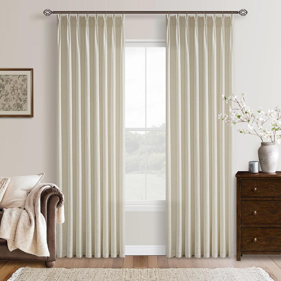 Flax Linen 86 Inches Long Curtains 2 Panels Set Pinch Pleated Thick Linen Drapes for Living Room Bedroom Pinch Pleat Back Tab Light Filtering Boho Farmhouse Beige Tan Window Curtains 86 Inch Length