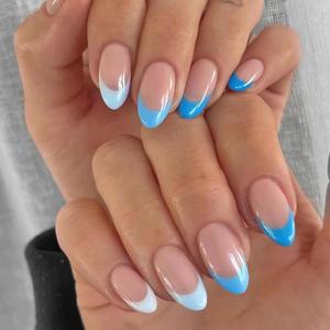 24pcs Short Almond False Nails French Tip Sky Blue Edge Stick on Nails Nude Pink Press on Nails Removable Glue-on Nails Full Cover Fake Nails Women Brides Nail Art Accessories