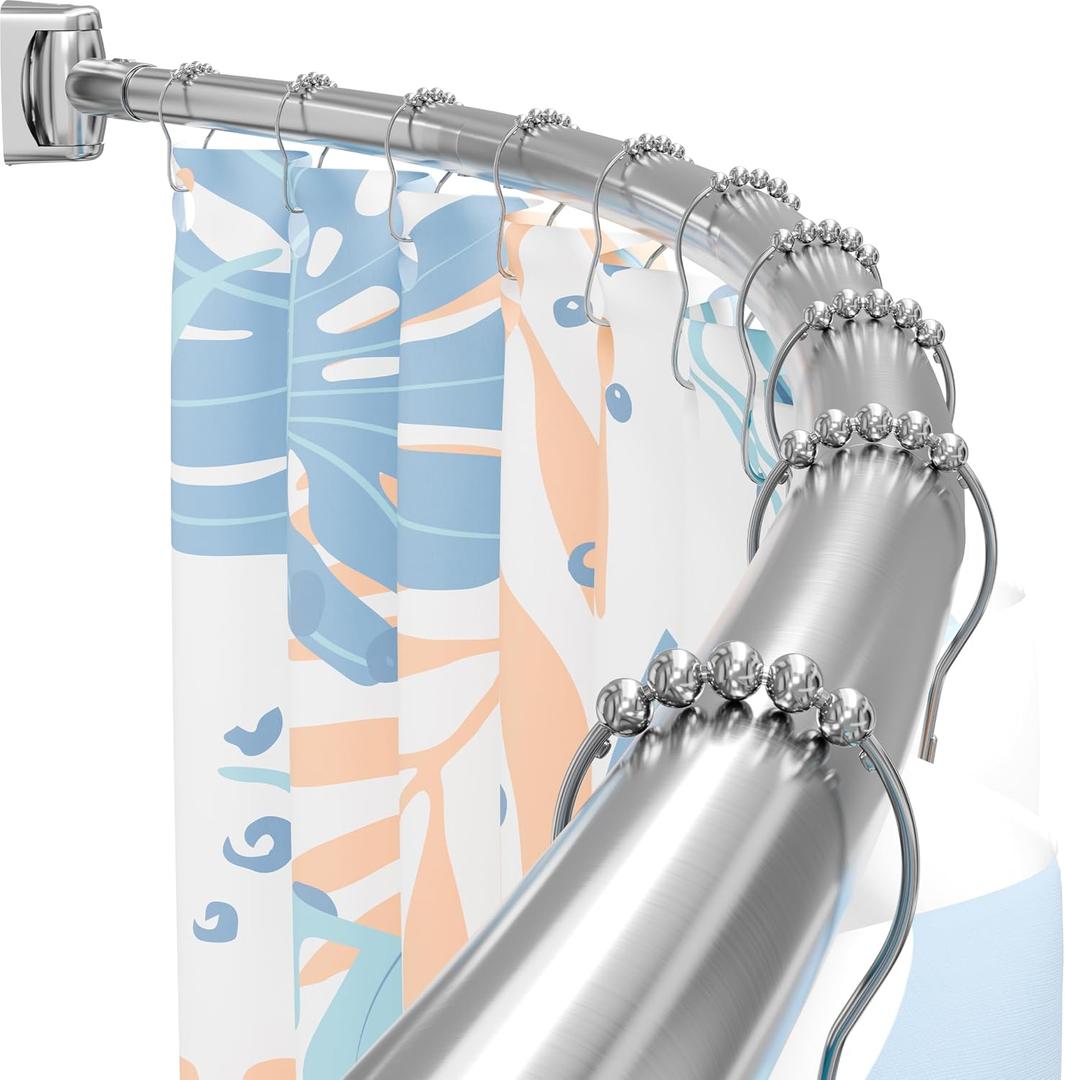 Curved Shower Curtain Rod, 35–76 Inches Adjustable Length, Round Curved Rods for Bathroom, Metal Rods & Brackets, Rust-Proof, Brush Nickel Shower Curtain Rod with Rotating Bracket, Requires Drilling