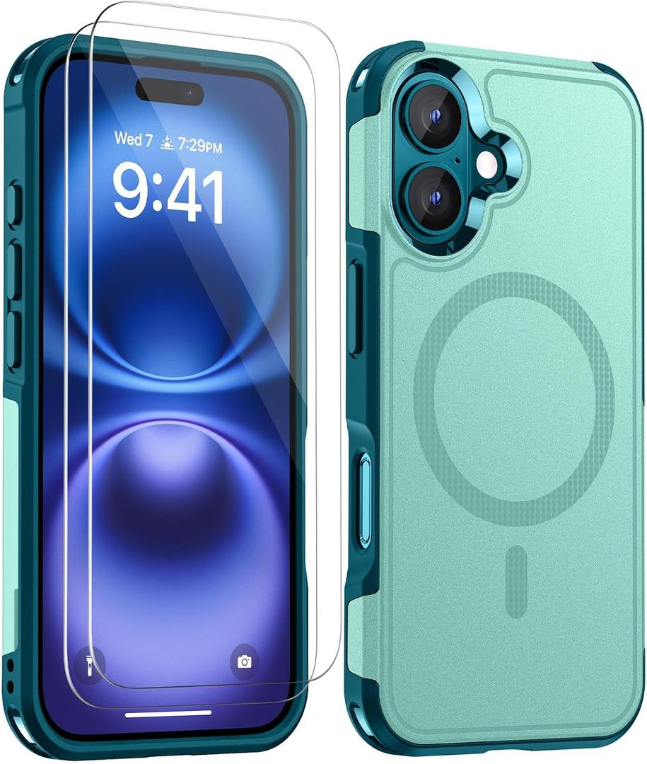 Lanhiem Magnetic for iPhone 16 Case, [2 Pack Tempered Glass Screen Protector][Compatible with MagSafe][10 FT Military Grade Shockproof] Heavy Duty Tough Phone Cover for iPhone 16 (6.1") - Green