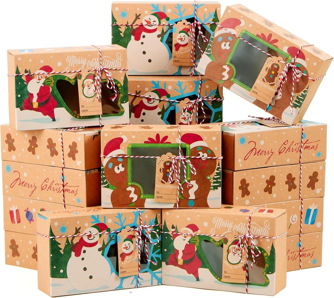JOYIN 24 PCS Christmas Cookie Gift Baking Box 8.75" x 5.75" x 2.75 with Window Auto-Popup, Xmas Holiday Treat Boxes Containers with Tags for Party Favor Pastries, Cupcake, Brownies, Donut Gift-Giving