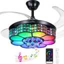 BAYSQUIRREL Retractable Crystal Ceiling Fan with Light, Bluetooth Ceiling Fans with Speaker and Remote/APP Control, 6 Speeds Reversible Blades, RGB-LED Dimmable Chandelier Ceiling Fan