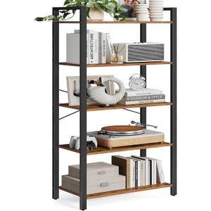 VASAGLE 5-Tier Bookshelf, Bookcase with Steel Frame, Book Shelf for Living Room, Home Office, Study, 11.8 x 26 x 60.2 Inches, Industrial Style, Rustic Brown and Ink Black ULLS061B01