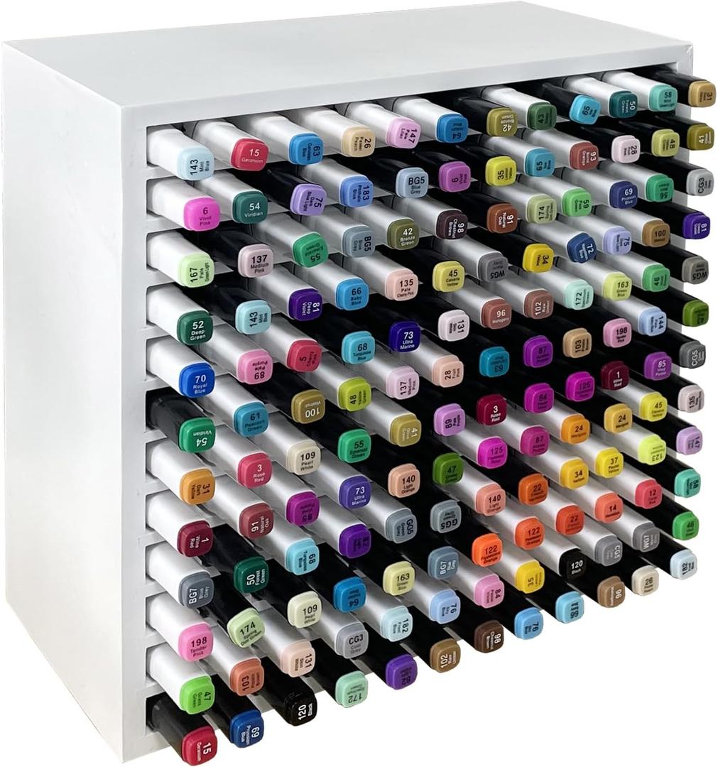 MinBoo Bamboo Art Supply Storage Rack - Wooden Marker Organizer for 144 Markers, Pens, Colored Pencils, Paint Brushes (White)