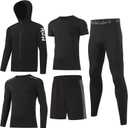 BUYJYA 5Pcs Men's T Shirts Workout Long Sleeve Athletic Zip Pocket Shorts Jackets Compression Pants Gym Clothes (Black, XXL)