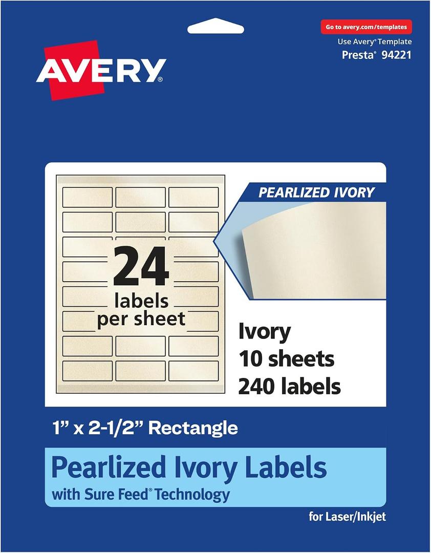 Avery Pearlized Ivory Rectangle Labels, Sure Feed Technology, 1" x 2.5", 240 Pearlized Ivory Labels, Laser/Inkjet Printable