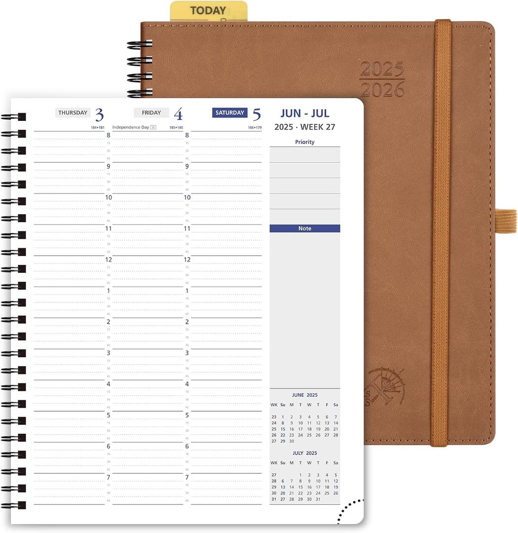 POPRUN 2025-2026 Weekly Planner 7.25'' x 8.25''Academic Spiral Appointment Book (July 2025-June 2026) with Quarter-Hourly Schedule, Monthly Tabs, Leather Softcover, Inner Pocket - Brown